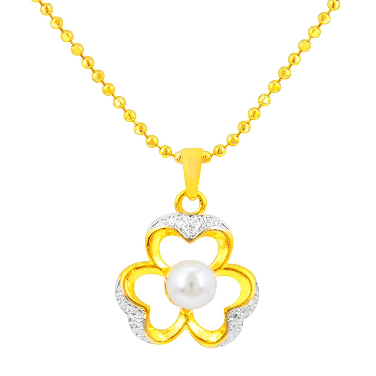 Gold Plated Flower Pendant With Chain & Pearls (SJ_2236)