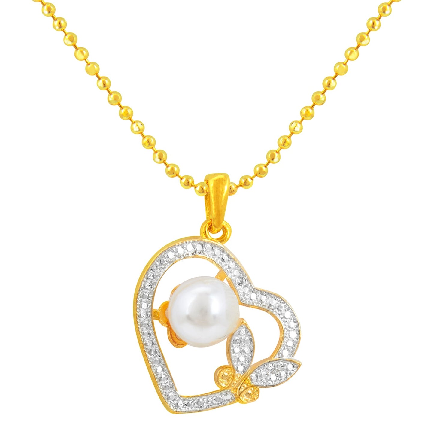 Gold Plated Heart Butterfly Pendant With Chain & Pearls (SJ_2237)