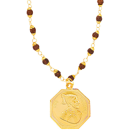 24K Gold Plated Shivaji Maharaj And Rajmudra Coin Rudraksha Necklace For Men (SJ_2350)