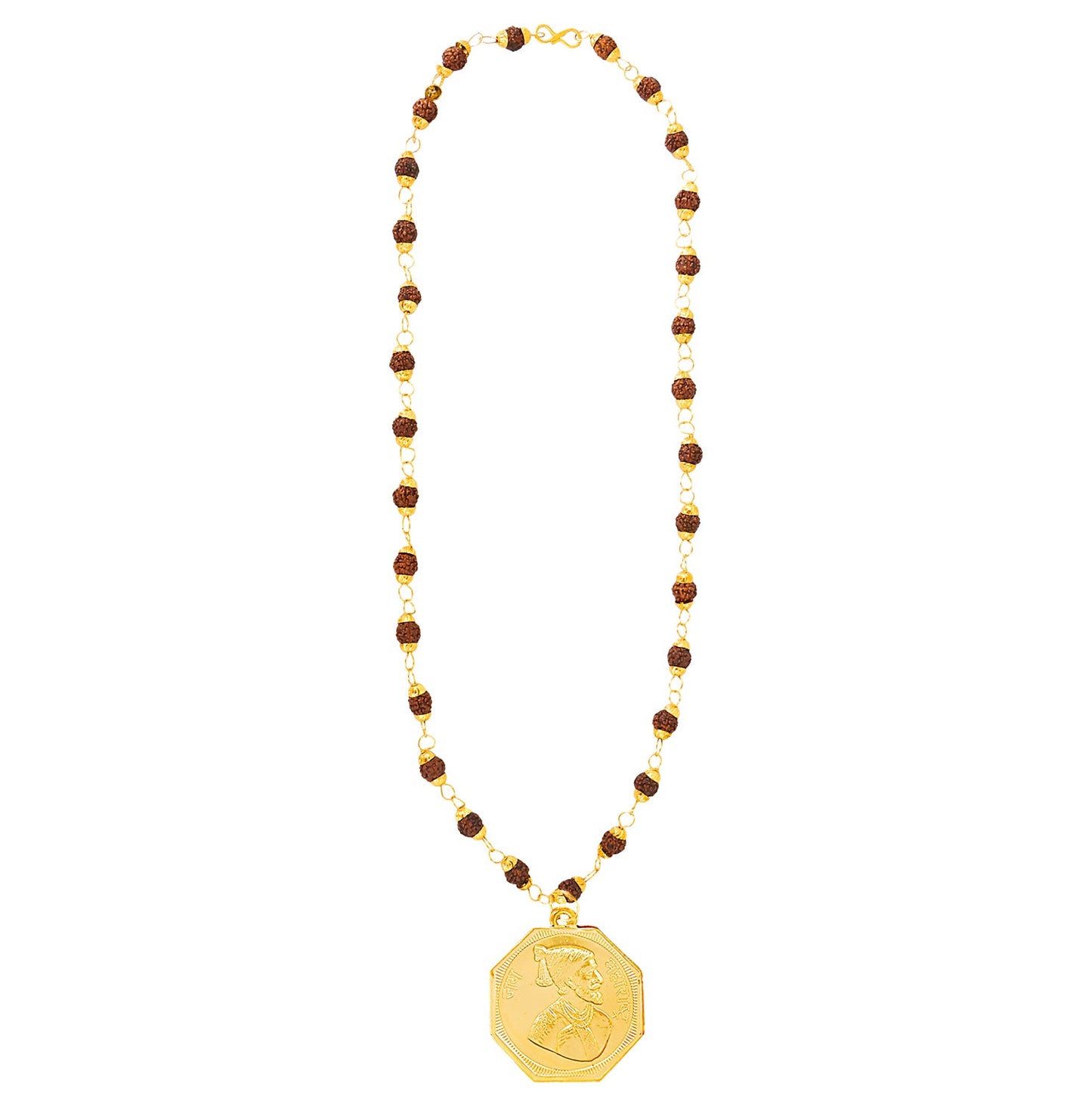 24K Gold Plated Shivaji Maharaj And Rajmudra Coin Rudraksha Necklace For Men (SJ_2350)