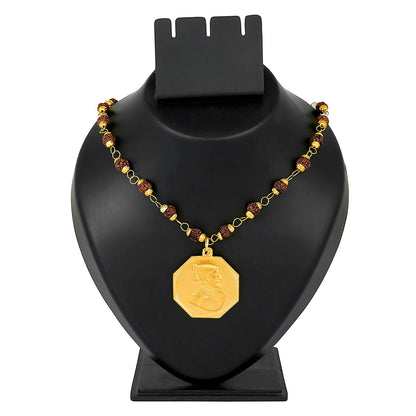 24K Gold Plated Shivaji Maharaj And Rajmudra Coin Rudraksha Necklace For Men (SJ_2350)