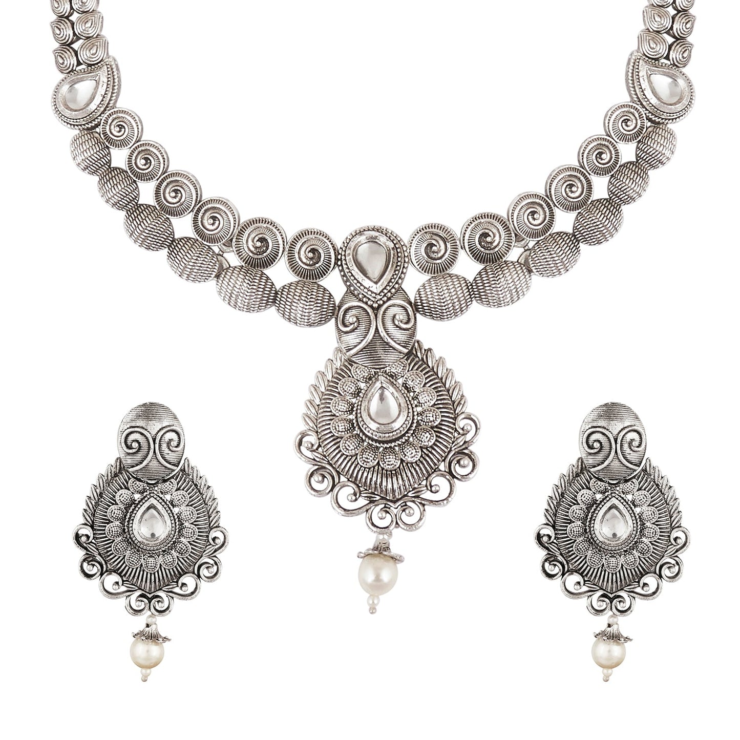 Oxidized Silver Afghani Necklace Set For Women (SJ_2392)