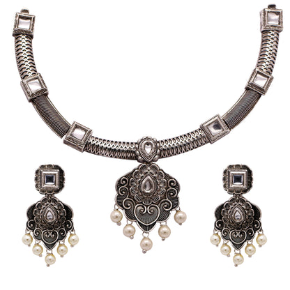 Oxidized Silver Afghani Necklace Set For Women (SJ_2393)