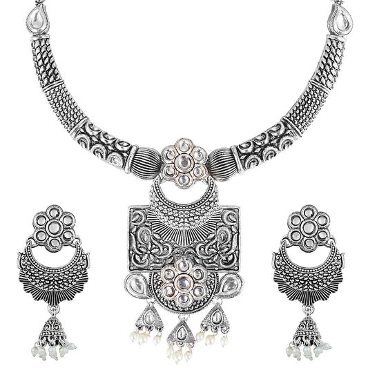 Oxidized Silver Afghani Necklace Set For Women (SJ_2397)