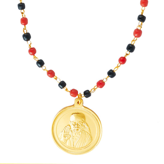 24K Gold Plated Sai Baba Coin Pendant with Long Mala Necklace for Men (SJ_2458)