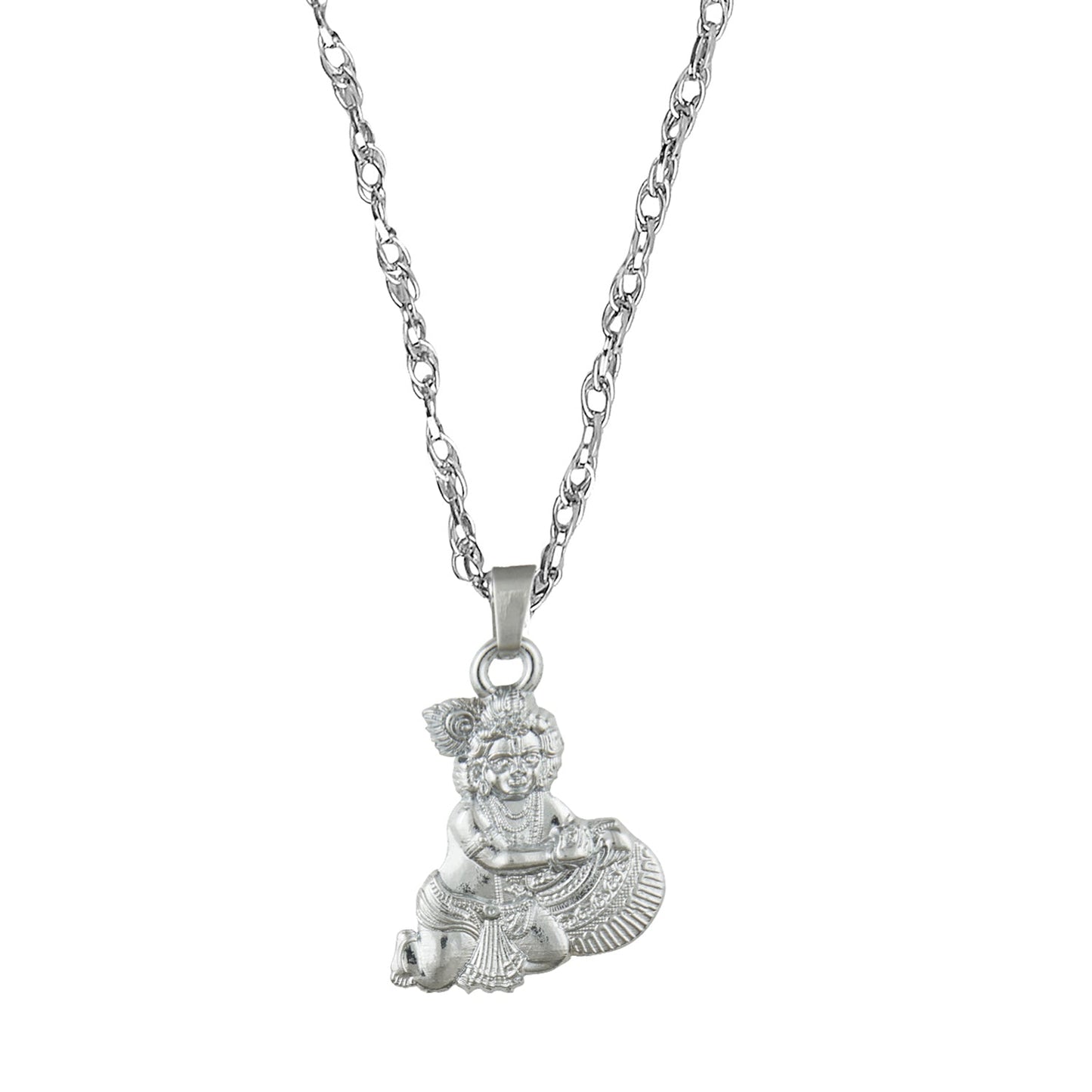 Silver Plated Lord Krishna Pendant With Designer Silver Chain for