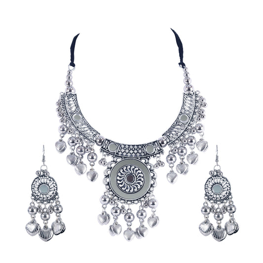 Oxidised Silver Jewellery Necklace Set with Earrings for Girls & Women (SJ_2703)