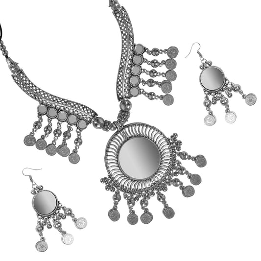 Oxidised Silver Jewellery Necklace Set with Earrings for Girls & Women (SJ_2705)