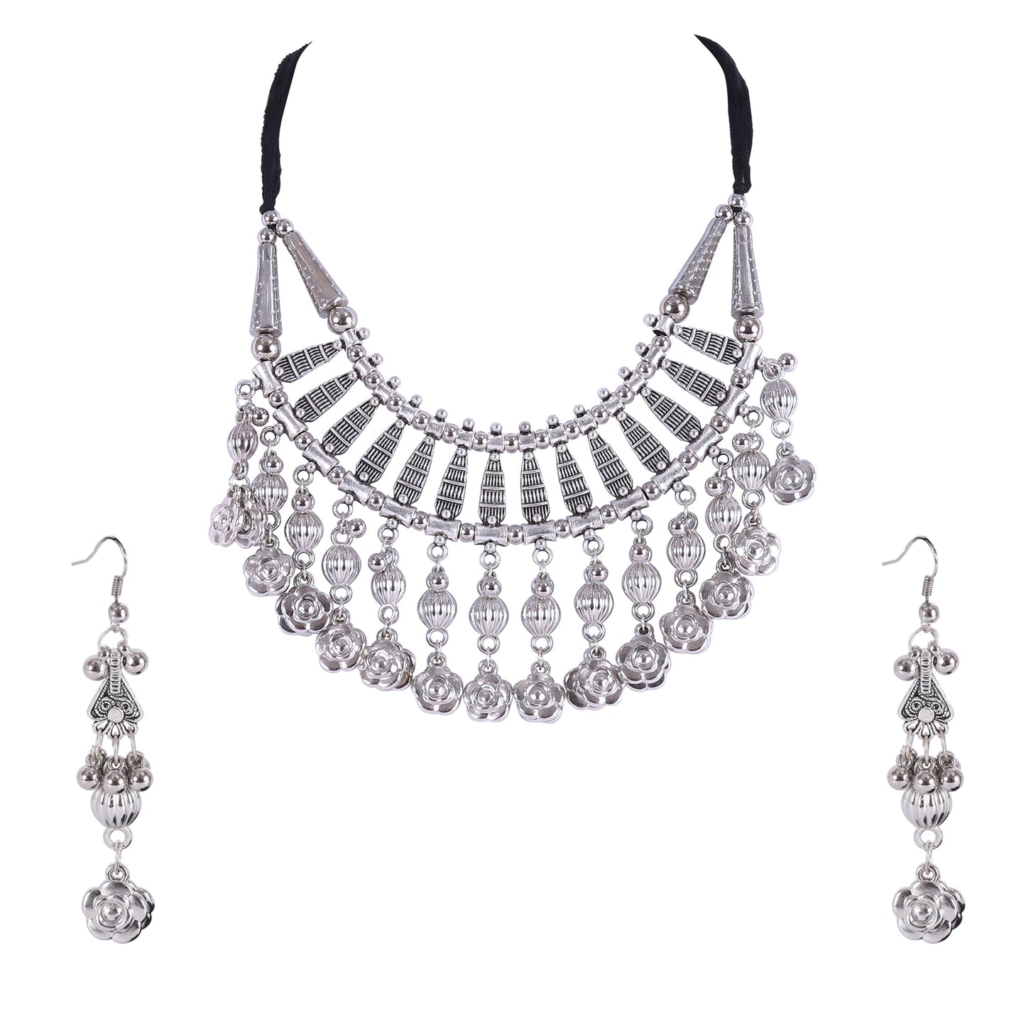 Oxidised Silver Jewellery Necklace Set with Earrings for Girls & Women (SJ_2706)