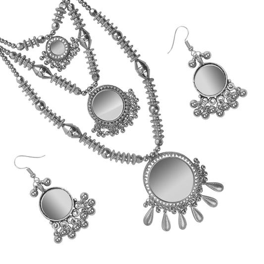 Oxidised Silver Jewellery Necklace Set with Earrings for Girls & Women (SJ_2707)