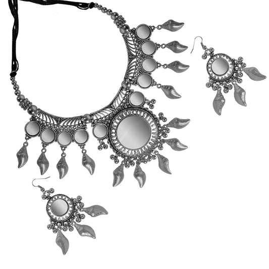 Oxidised Silver Jewellery Necklace Set with Earrings for Girls & Women (SJ_2708)