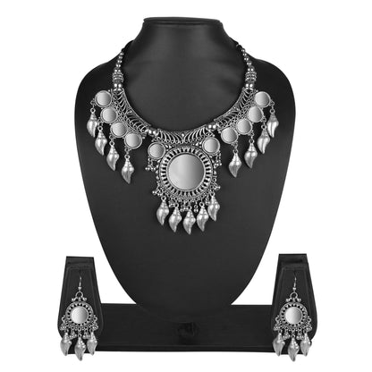 Oxidised Silver Jewellery Necklace Set with Earrings for Girls & Women (SJ_2708)