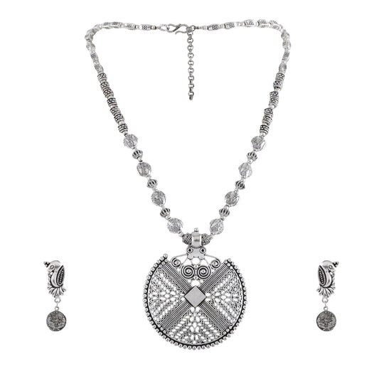 Oxidised Silver Jewellery Necklace Set with peacock Earrings for Girls & Women (SJ_2711)