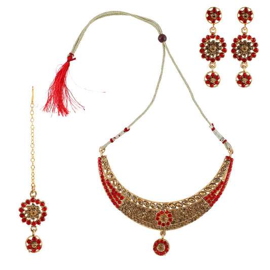 Gold Plated Complete Jewellery Bridal Necklace Set with Maang tikka and Earrings for Women (SJ_2743)