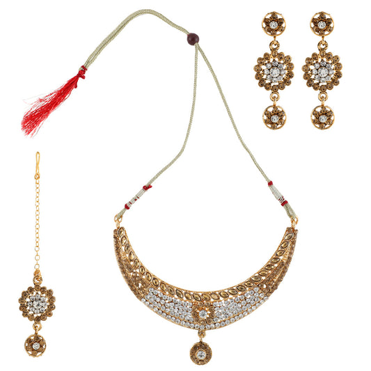 Gold Plated Complete Jewellery Bridal Necklace Set with Maang tikka and Earrings for Women (SJ_2744)