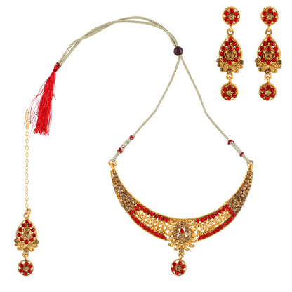 Gold Plated Complete Jewellery Bridal Necklace Set with Maang tikka and Earrings for Women (SJ_2745)