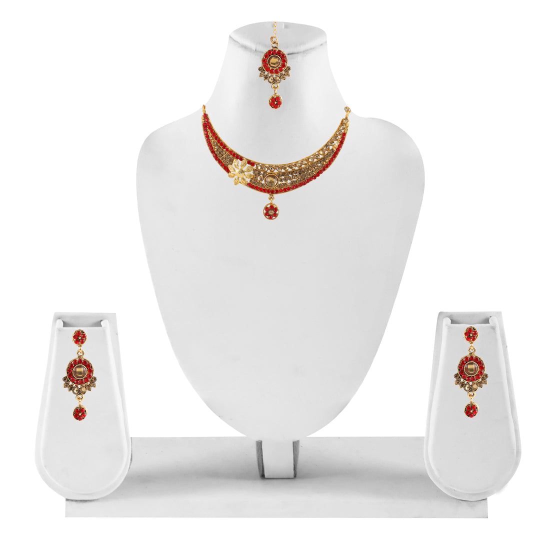 Gold Plated Complete Jewellery Bridal Necklace Set with Maang tikka and Earrings for Women (SJ_2747)