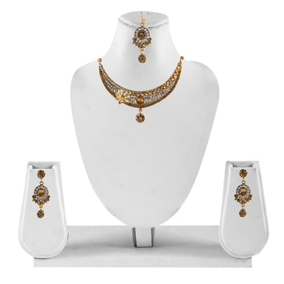 Gold Plated Complete Jewellery Bridal Necklace Set with Maang tikka and Earrings for Women (SJ_2748)