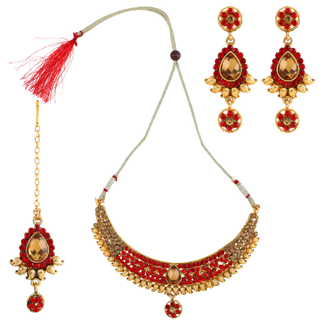 Gold Plated Complete Jewellery Bridal Necklace Set with Maang tikka and Earrings for Women (SJ_2749)