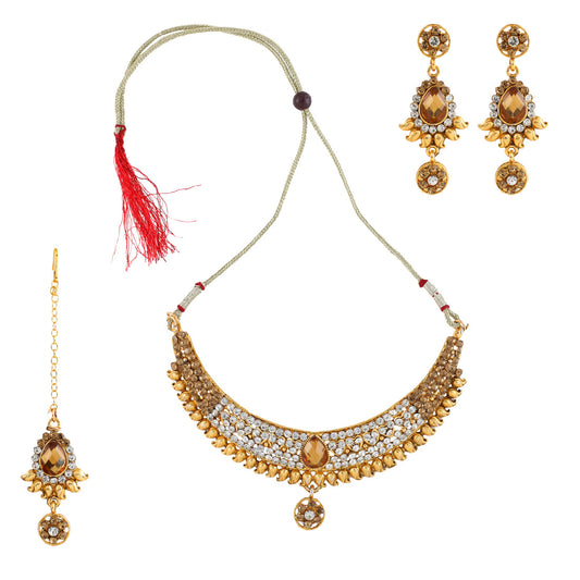 Gold Plated Complete Jewellery Bridal Necklace Set with Maang tikka and Earrings for Women (SJ_2750)