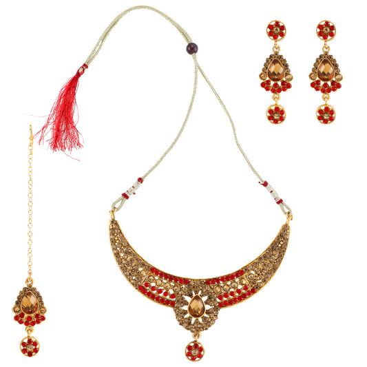 Gold Plated Complete Jewellery Bridal Necklace Set with Maang tikka and Earrings for Women (SJ_2751)