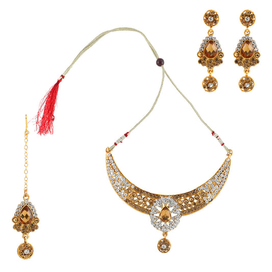 Gold Plated Complete Jewellery Bridal Necklace Set with Maang tikka and Earrings for Women (SJ_2752)