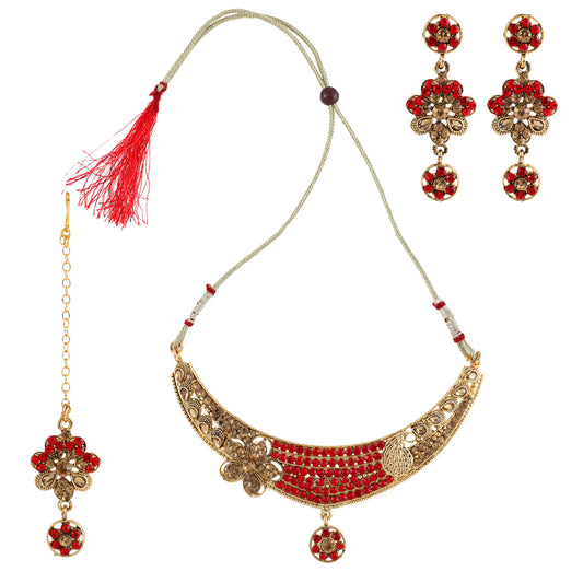 Gold Plated Complete Jewellery Bridal Necklace Set with Maang tikka and Earrings for Women (SJ_2755)