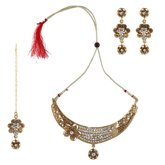 Gold Plated Complete Jewellery Bridal Necklace Set with Maang tikka and Earrings for Women (SJ_2756)