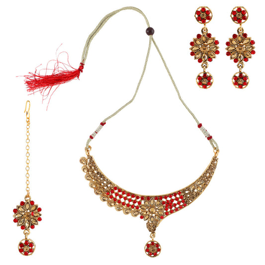 Gold Plated Complete Jewellery Bridal Necklace Set with Maang tikka and Earrings for Women (SJ_2757)