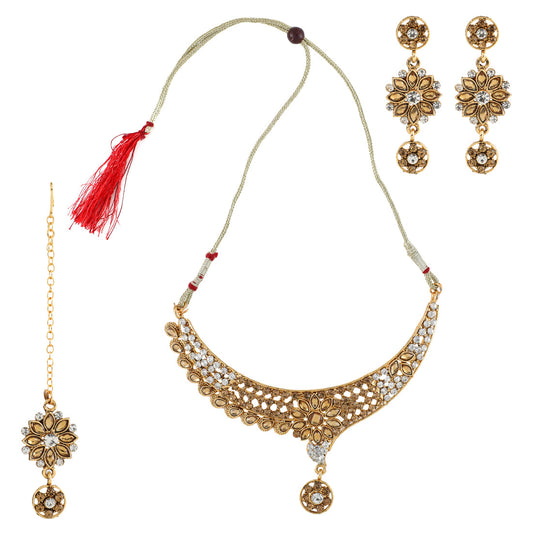 Gold Plated Complete Jewellery Bridal Necklace Set with Maang tikka and Earrings for Women (SJ_2758)