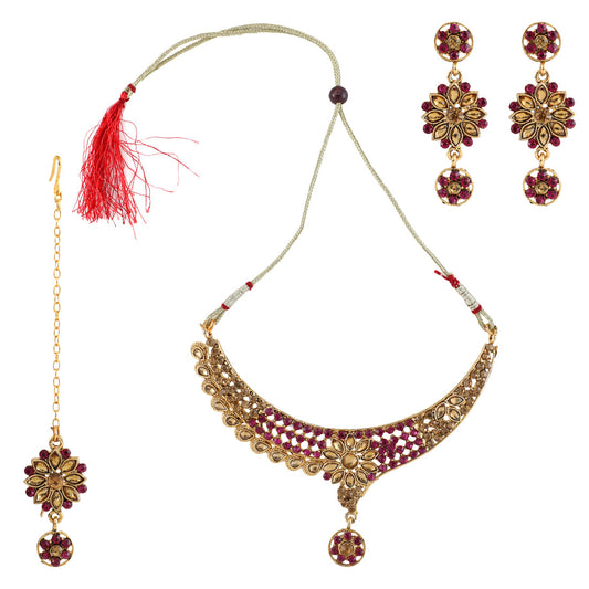 Gold Plated Complete Jewellery Bridal Necklace Set with Maang tikka and Earrings for Women (SJ_2759)