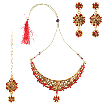 Gold Plated Complete Jewellery Bridal Necklace Set with Maang tikka and Earrings for Women (SJ_2760)