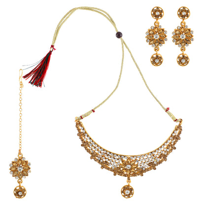 Gold Plated Complete Jewellery Bridal Necklace Set with Maang tikka and Earrings for Women (SJ_2761)