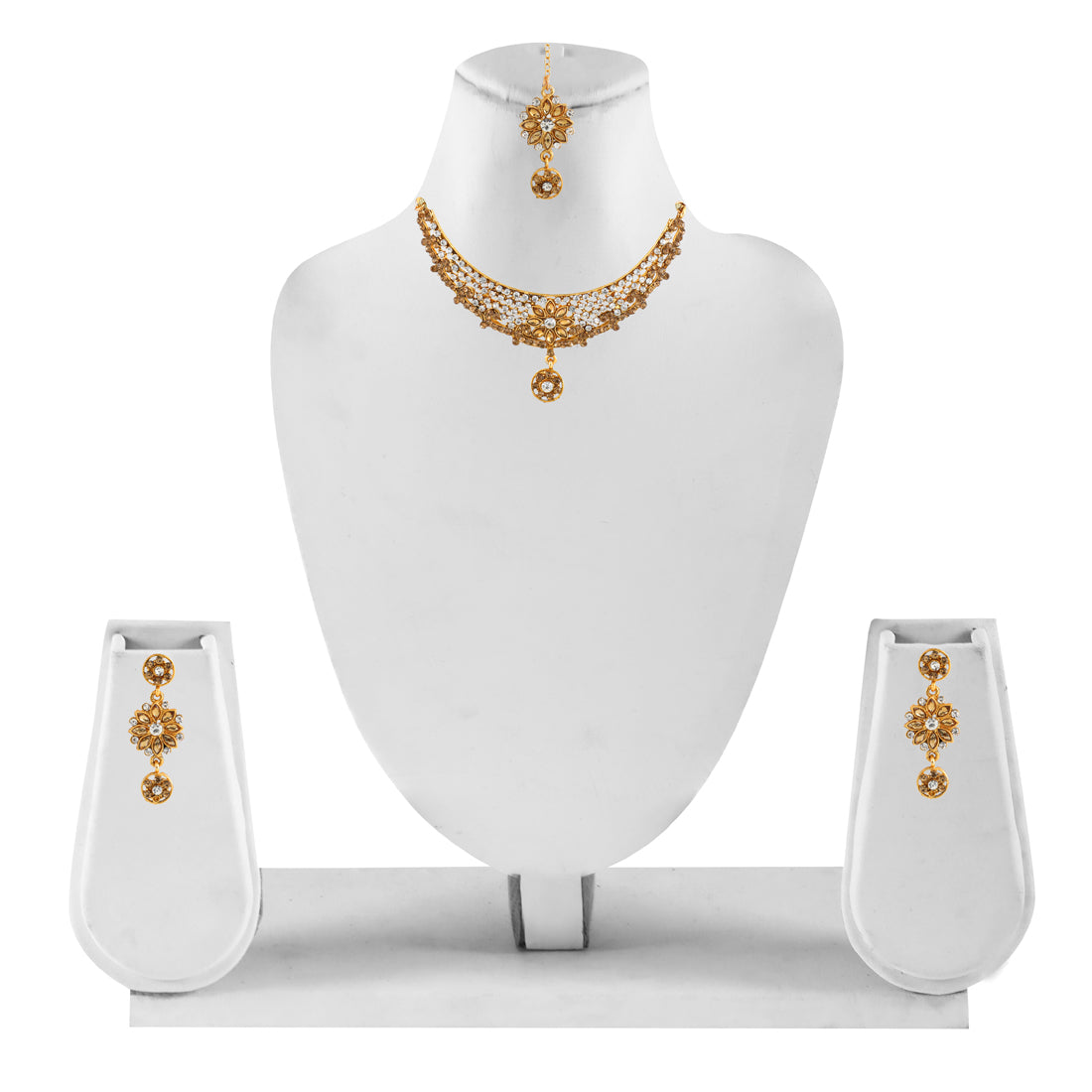 Gold Plated Complete Jewellery Bridal Necklace Set with Maang tikka and Earrings for Women (SJ_2761)