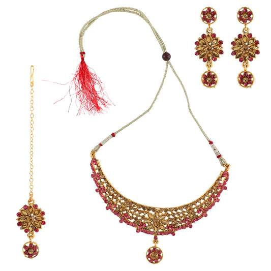 Gold Plated Complete Jewellery Bridal Necklace Set with Maang tikka and Earrings for Women (SJ_2762)