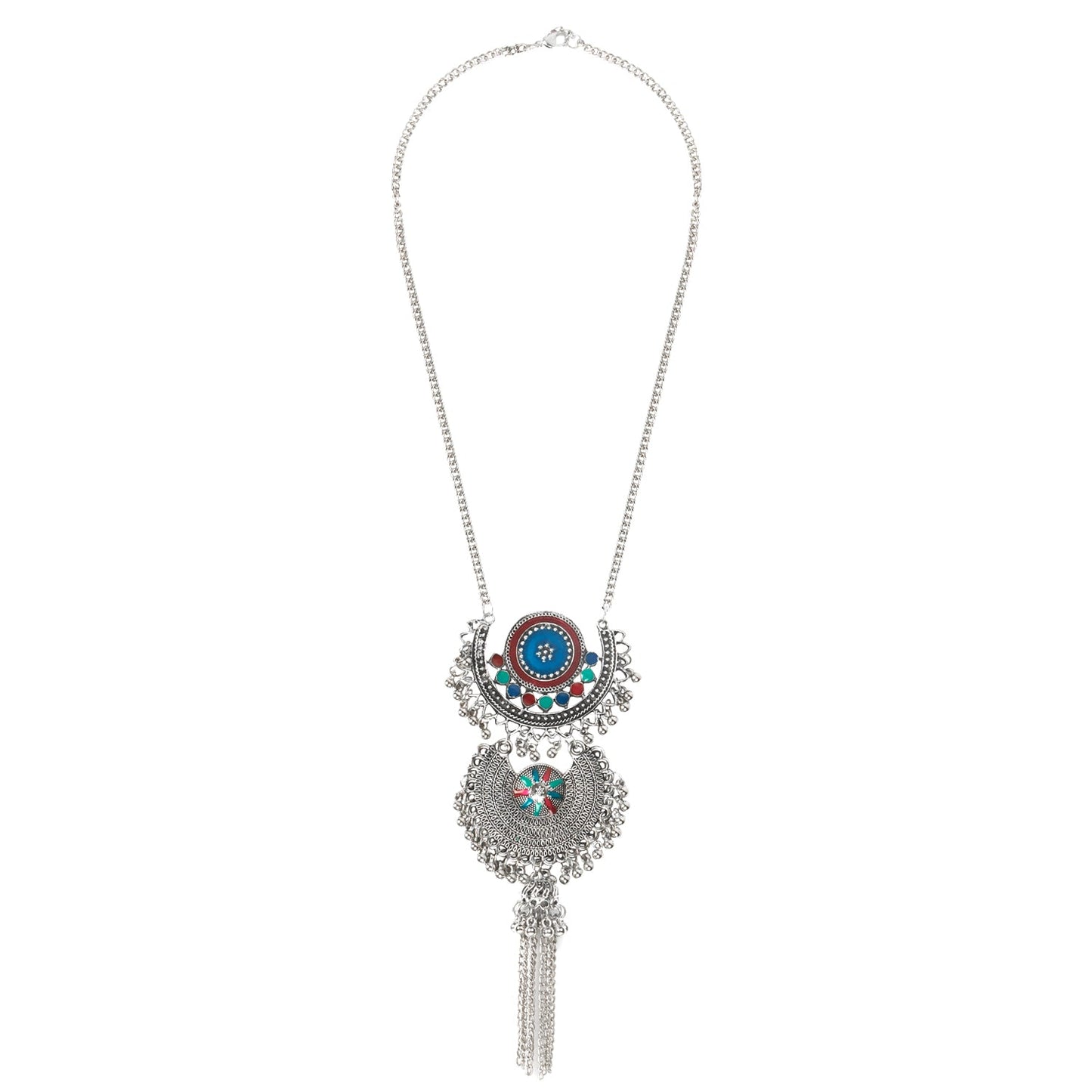 Shining Jewel Traditional Indian Long Fancy Designer Antique Silver Oxidized Afghani Pendant Necklace for Girls and Women (SJ_2785)