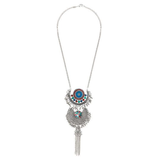 Shining Jewel Traditional Indian Long Fancy Designer Antique Silver Oxidized Afghani Pendant Necklace for Girls and Women (SJ_2785)