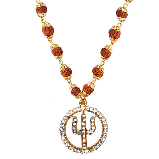 Traditional Indian Designer Long  Gold Plated Necklace with Crystal Studded Pendant of  Lord Shiva Shivling, Trishul and for Men (SJ_2793)