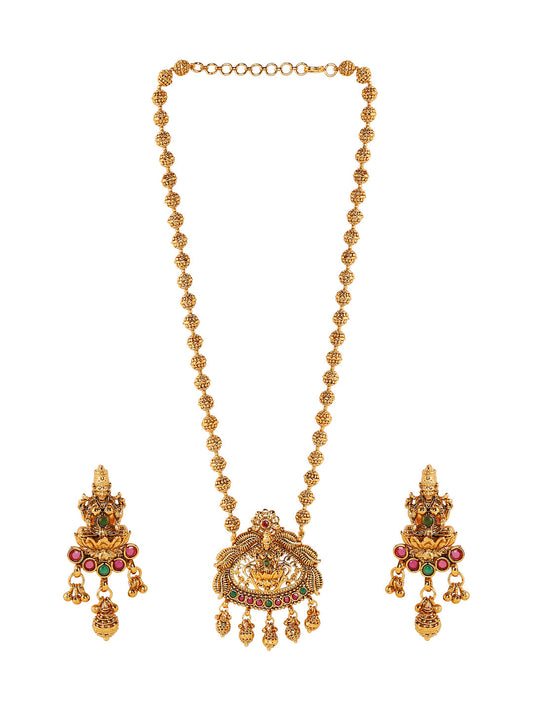 Handcrafted 18K Antique Gold Plated Godess Lakshmi Temple Jewellery Necklace With Matching Earring For Women (SJ_2796)