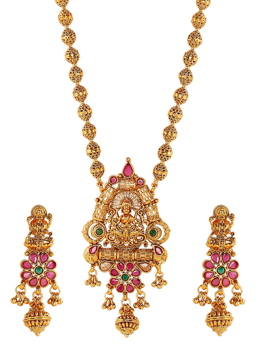 Handcrafted 18K Antique Gold Plated Godess Lakshmi Temple Jewellery Necklace With Matching Earring For Women (SJ_2797)