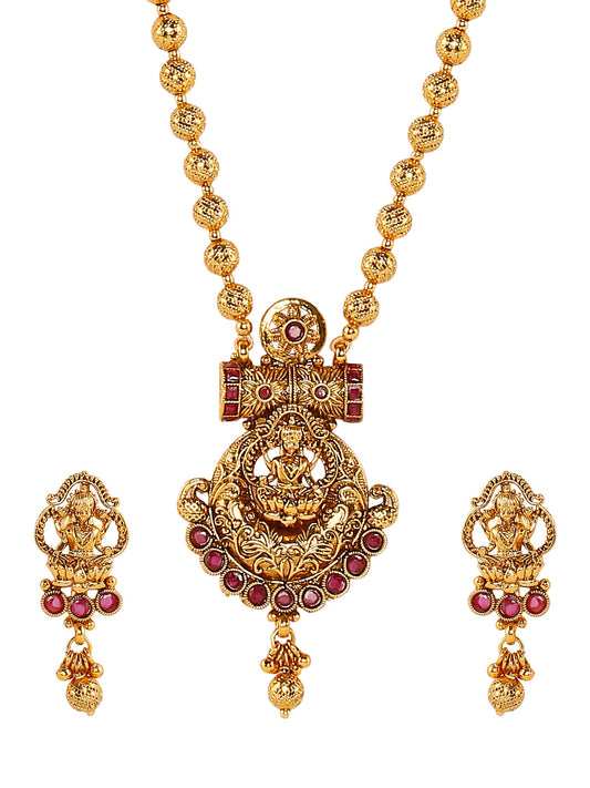 Handcrafted 18K Antique Gold Plated Godess Lakshmi Temple Jewellery Necklace With Matching Earring For Women (SJ_2798)