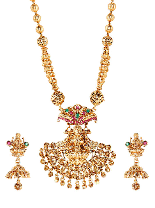 Handcrafted 18K Antique Gold Plated Godess Lakshmi Temple Jewellery Necklace With Matching Earring For Women (SJ_2799)