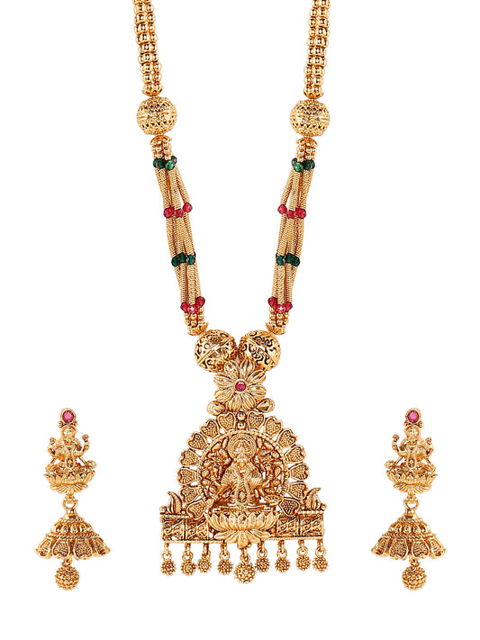 Handcrafted 18K Antique Gold Plated Godess Lakshmi Temple Jewellery Necklace With Matching Earring For Women (SJ_2800)