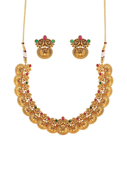 Handcrafted 18K Antique Gold Plated Godess Lakshmi Temple Jewellery Necklace With Matching Earring For Women (SJ_2802)