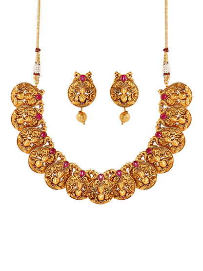 Handcrafted 18K Antique Gold Plated Lord Ganesha Temple Jewellery Necklace With Matching Earring For Women (SJ_2803)