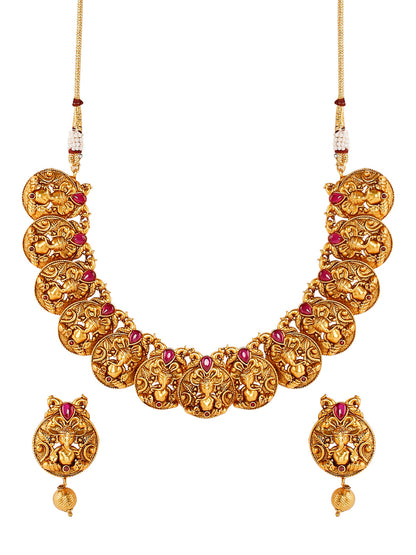 Handcrafted 18K Antique Gold Plated Lord Ganesha Temple Jewellery Necklace With Matching Earring For Women (SJ_2803)