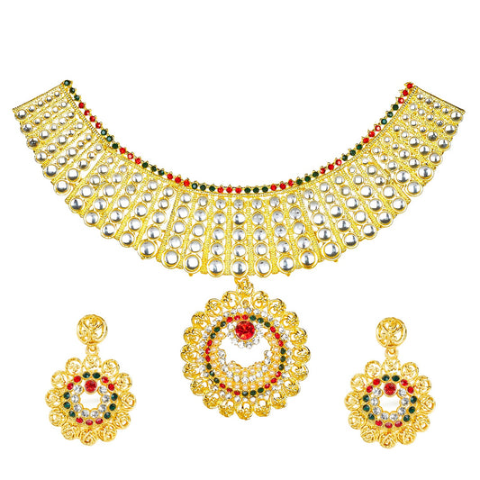 Traditional Indian Gold Plated Kundan CZ Zircon Austrian Crystal Bridal Choker Jewellery Necklace Set with Earrings for Women (SJ_2808)