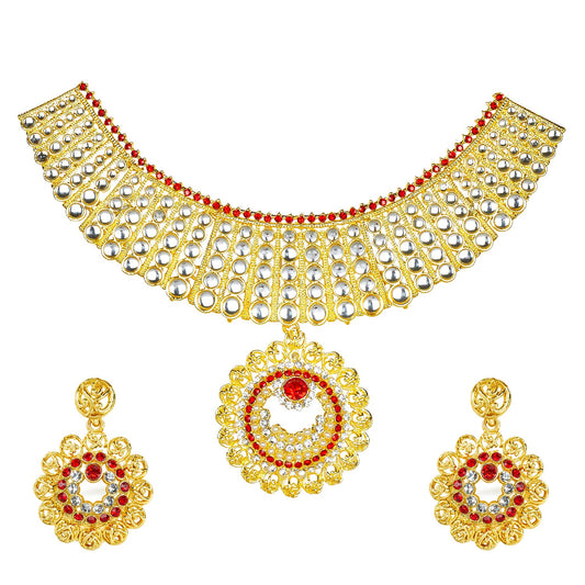 Traditional Indian Gold Plated Kundan CZ Zircon Austrian Crystal Bridal Choker Jewellery Necklace Set with Earrings for Women (SJ_2809)