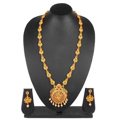 Handcrafted 18K Antique Gold Plated Lord Ganesha Temple Jewellery Necklace With Matching Earring For Women (SJ_2833)