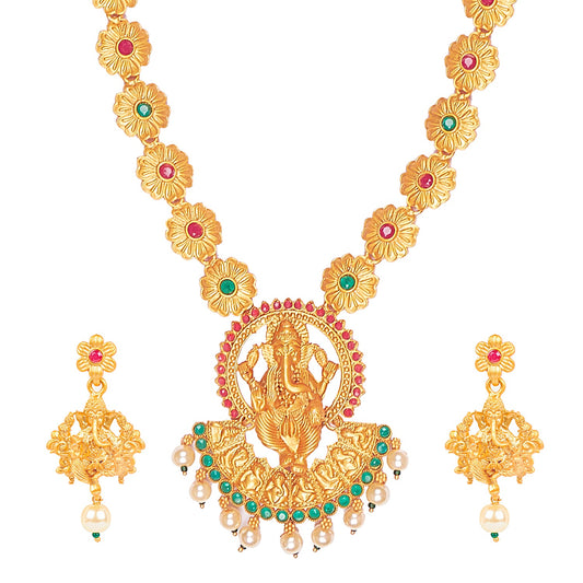 Handcrafted 18K Antique Gold Plated Lord Ganesha Temple Jewellery Necklace With Matching Earring For Women (SJ_2834)